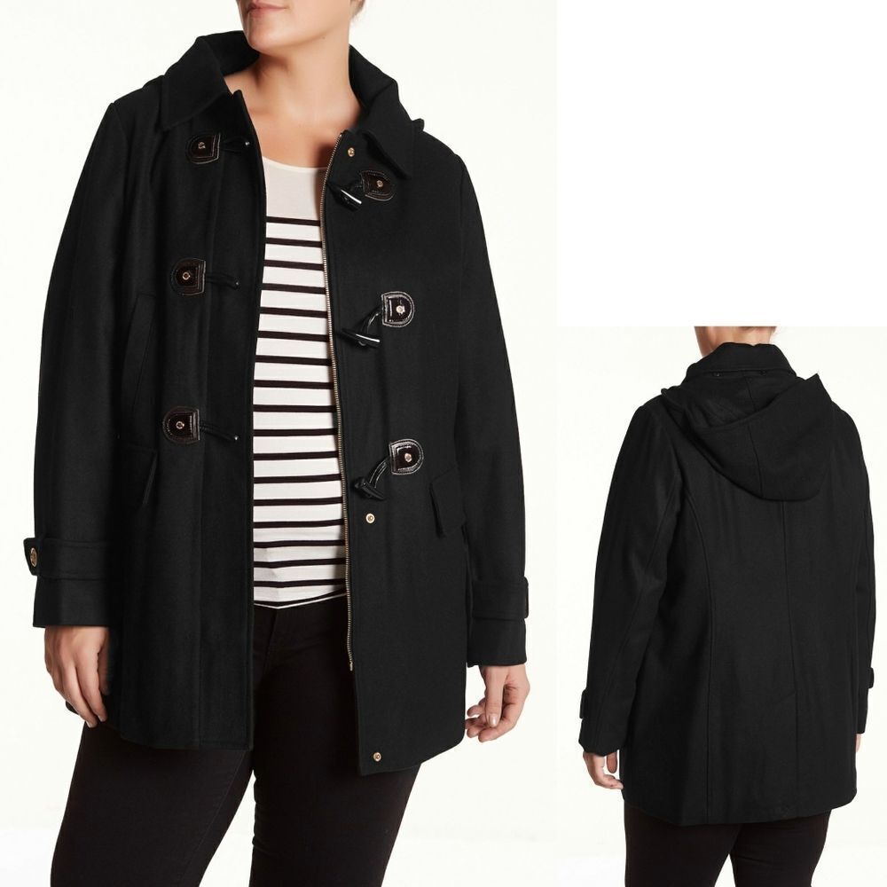 New! MICHAEL KORS Toggle-Front Hooded Black Coat Wool-Blend Plus Size 1X